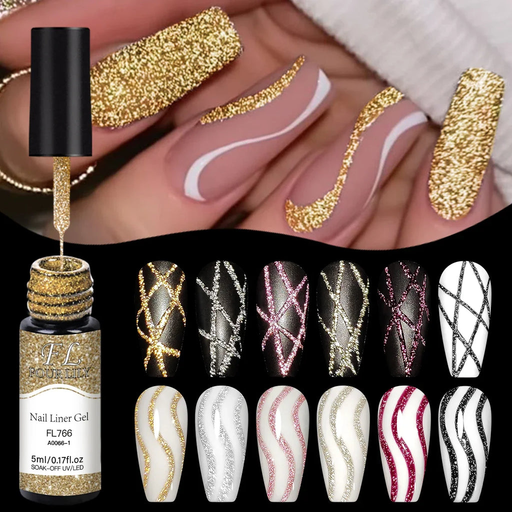 FOUR LILY Esmalte de gel para uñas con purpurina reflectante, 5 ml, dorado, plateado, rojo, suministros brillantes para uñas, barniz UV/LED, gel para pintura