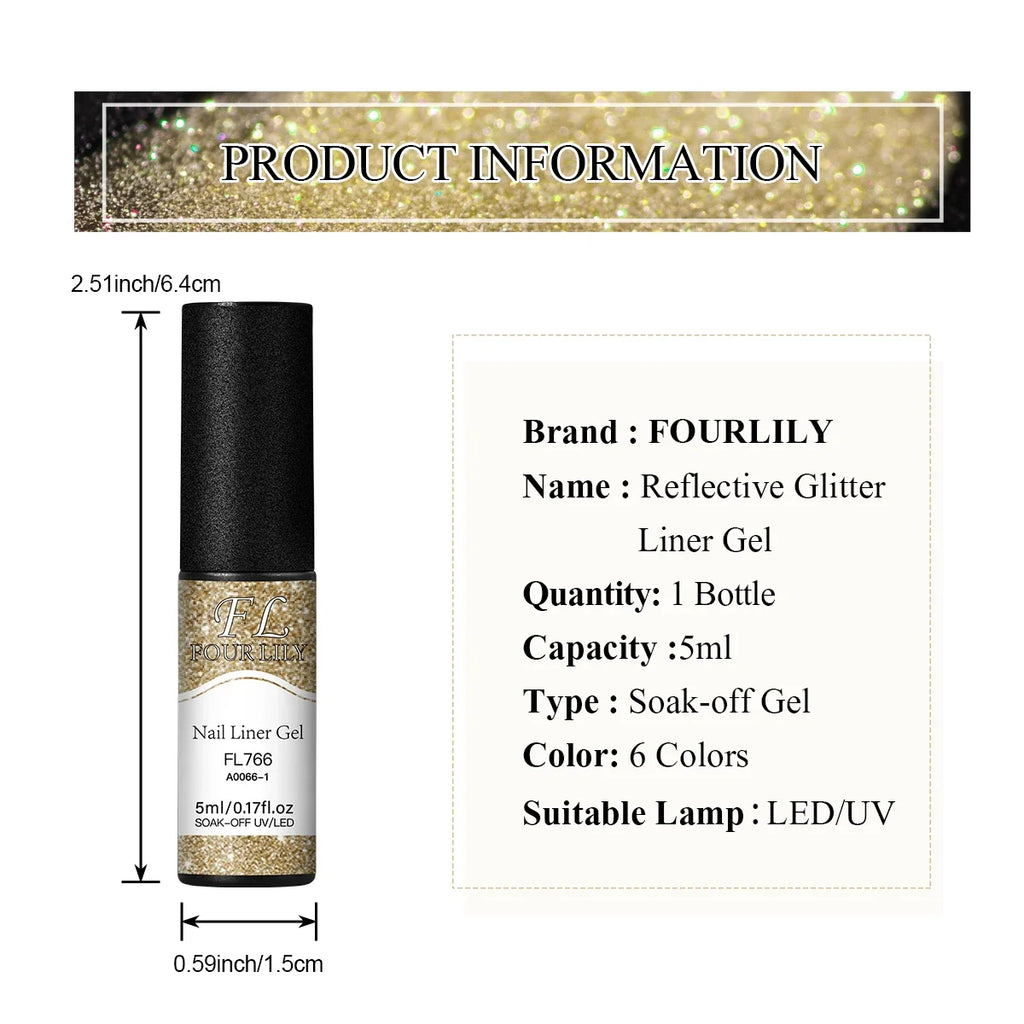 FOUR LILY Esmalte de gel para uñas con purpurina reflectante, 5 ml, dorado, plateado, rojo, suministros brillantes para uñas, barniz UV/LED, gel para pintura