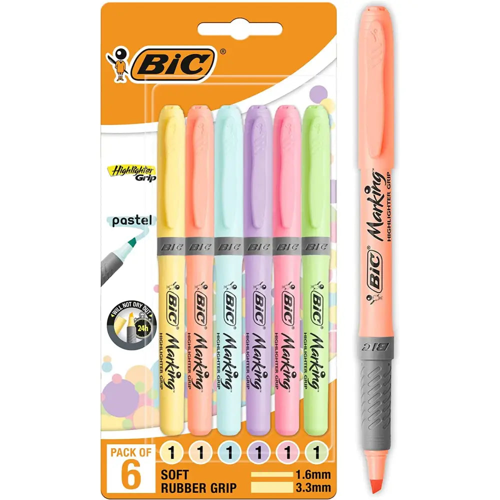 BIC Highlighter Grip Pastel, resaltadores con punta biselada ajustable, agarre de goma para mayor comodidad, colores surtidos, paquete de 6
