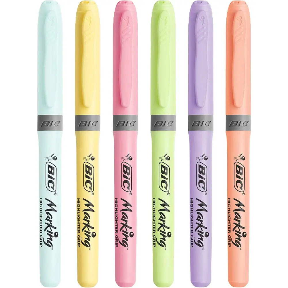 BIC Highlighter Grip Pastel, resaltadores con punta biselada ajustable, agarre de goma para mayor comodidad, colores surtidos, paquete de 6