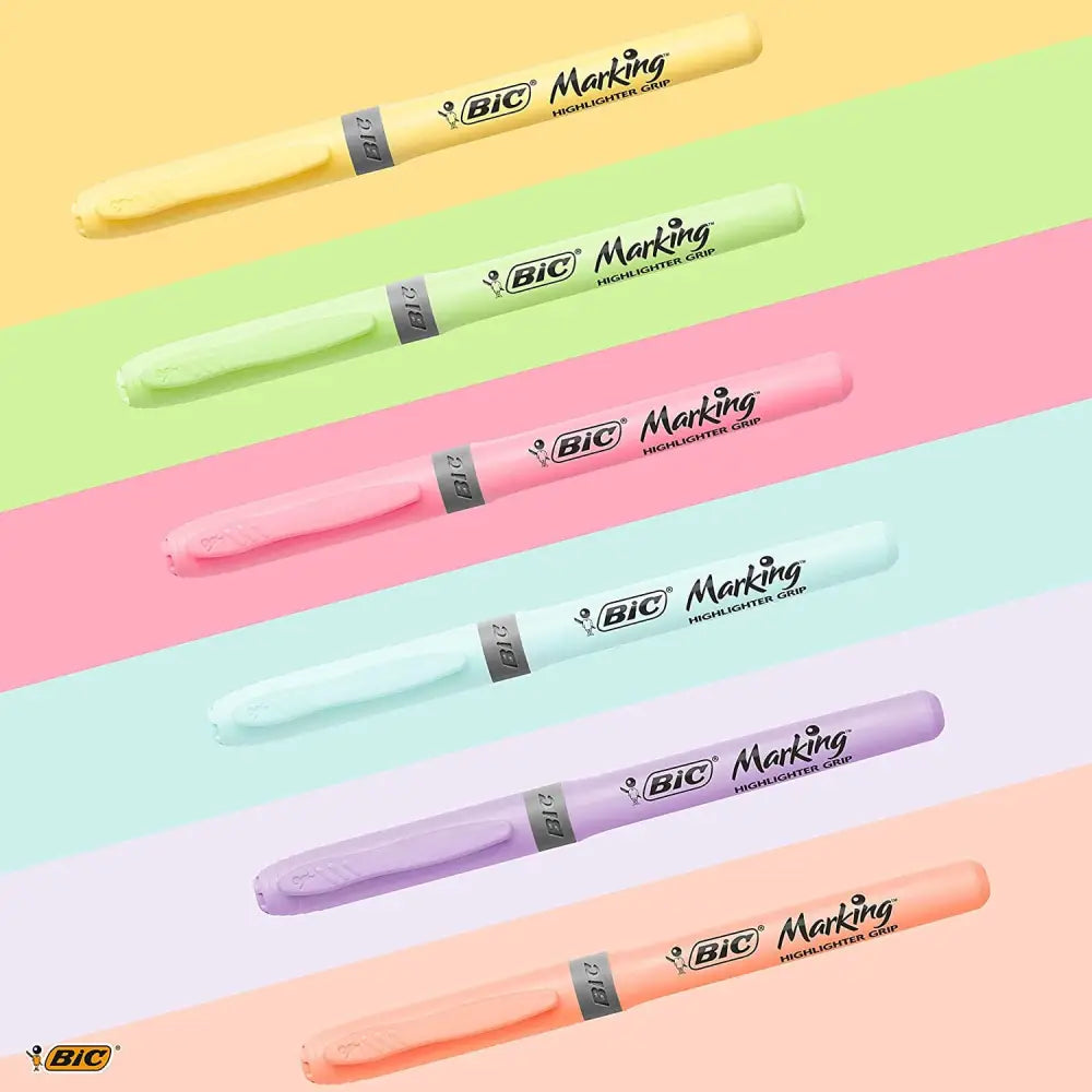 BIC Highlighter Grip Pastel, resaltadores con punta biselada ajustable, agarre de goma para mayor comodidad, colores surtidos, paquete de 6